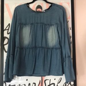 Francescas blue denim Ruffle Shirt with tie back